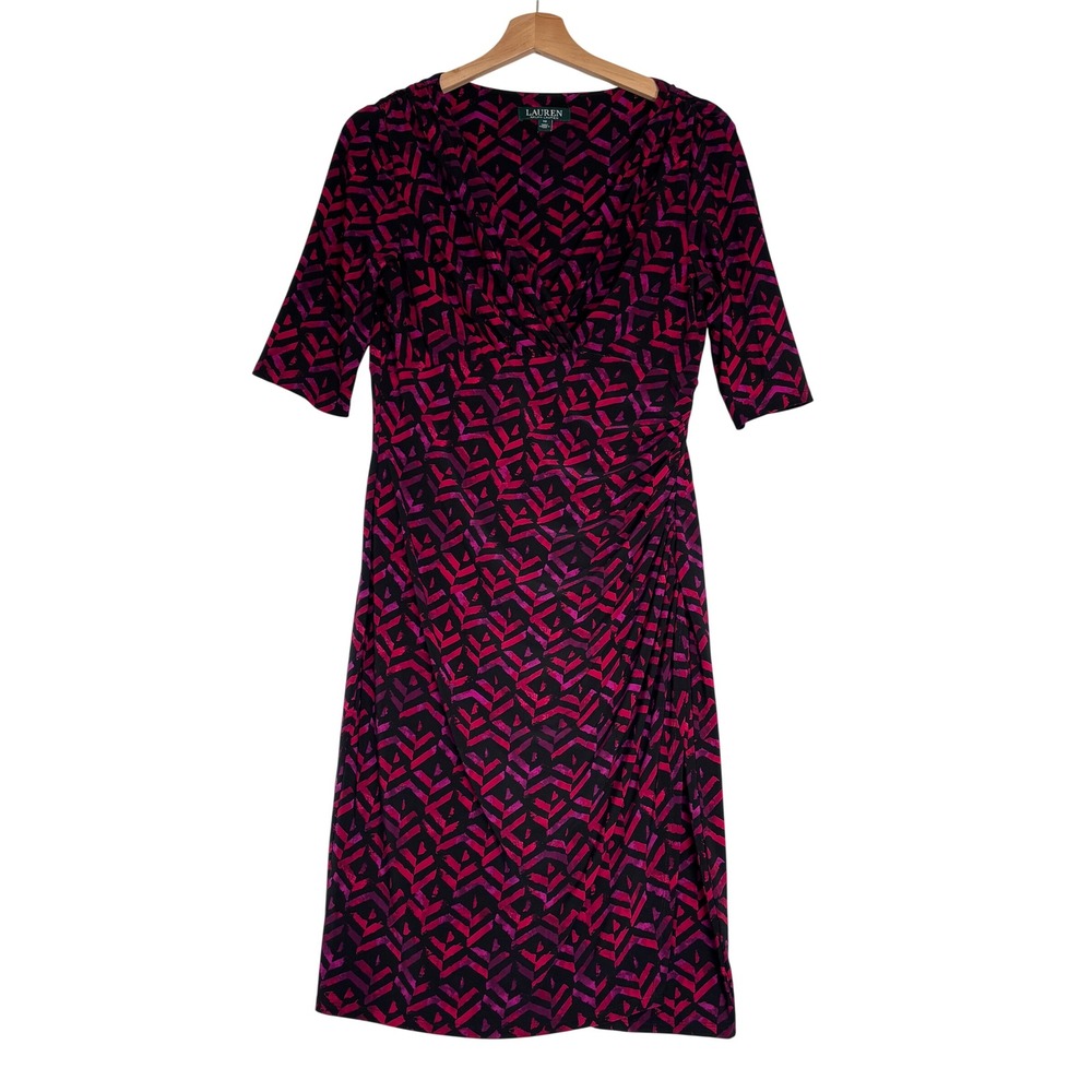 Lauren Ralph Lauren Pink Black Geometric Chevron Ruched Sheath Dress 10